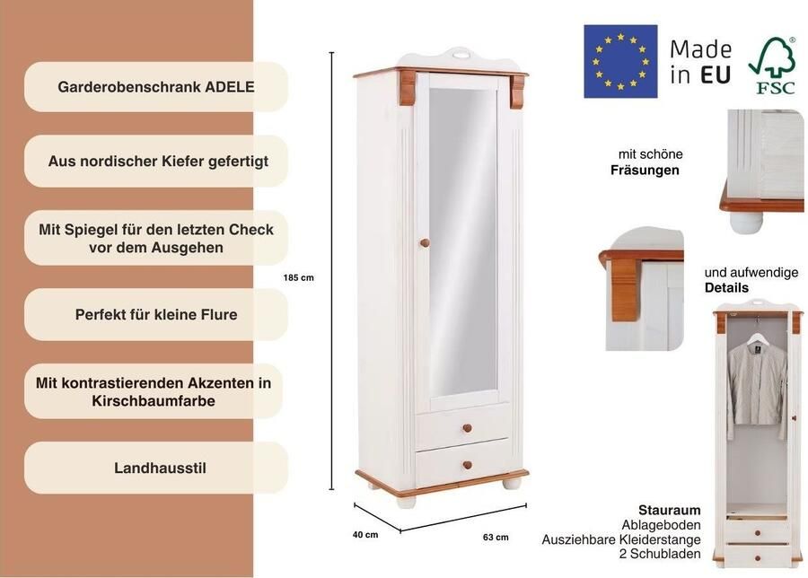 Home affaire Kledingkast ADELE met spiegel breedte 63 cm met 2 lades van massief dennenhout fsc - Foto 3