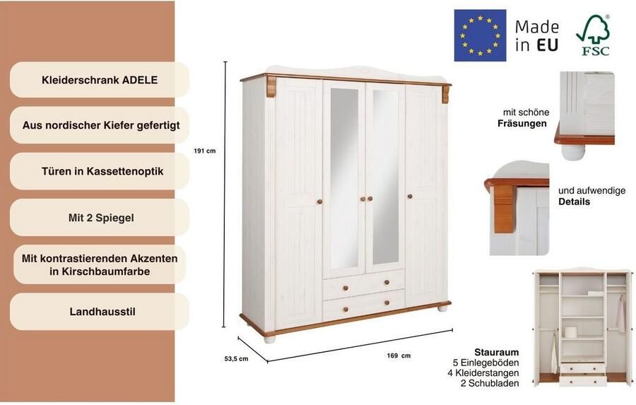Home affaire Kledingkast ADELE van massief grenen spiegel bij de 4-en 5-deurskast indeling - Foto 10
