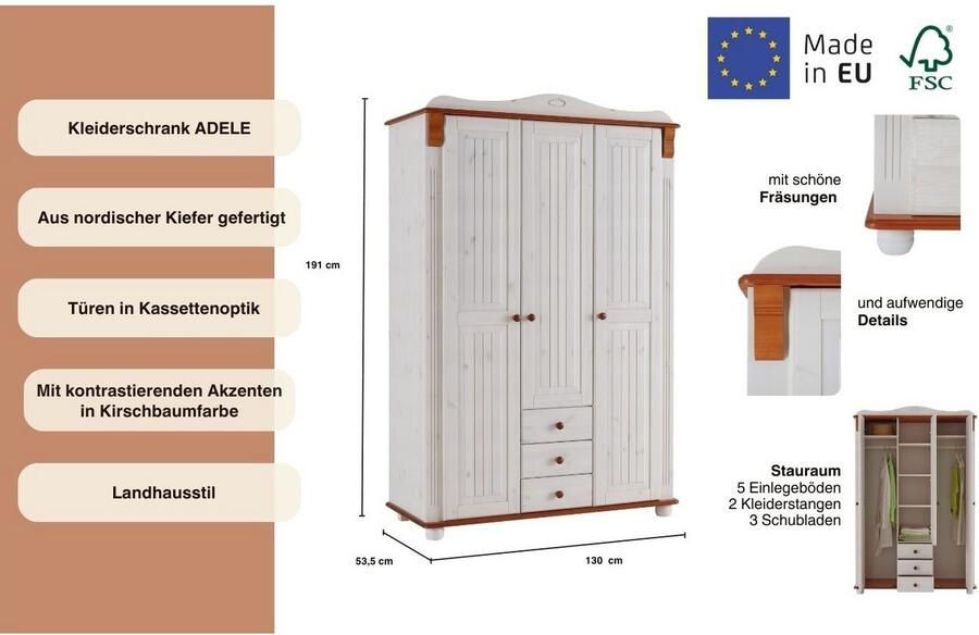 Home affaire Kledingkast ADELE van massief grenen spiegel bij de 4-en 5-deurskast indeling - Foto 10
