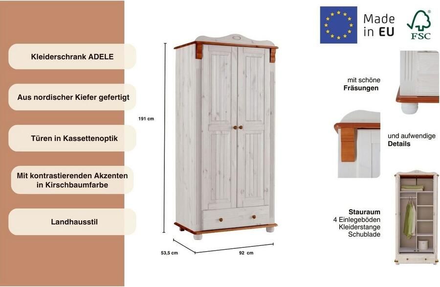 Home affaire Kledingkast ADELE van massief grenen spiegel bij de 4-en 5-deurskast indeling - Foto 9
