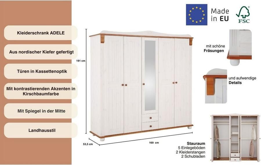 Home affaire Kledingkast ADELE van massief grenen spiegel bij de 4-en 5-deurskast indeling - Foto 10