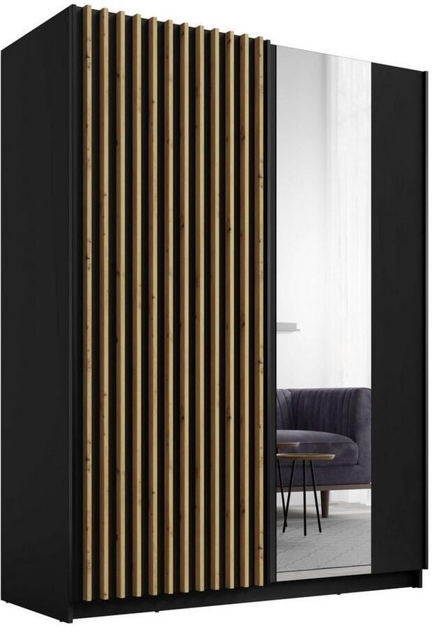 Home affaire Kledingkast Camden met spiegel 4 legplanken en kledingstang Garderobe met 2 schuifdeuren en lamellen BxHxD 150 5x198 5x61 6 cm - Foto 4