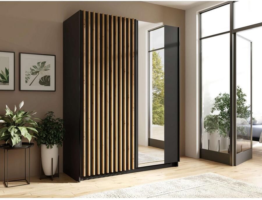 Home affaire Kledingkast Camden met spiegel 4 legplanken en kledingstang Garderobe met 2 schuifdeuren en lamellen BxHxD 150 5x198 5x61 6 cm - Foto 2