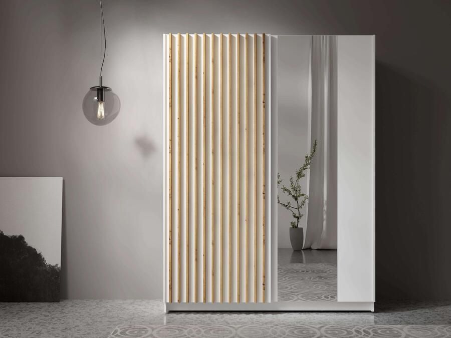 Home affaire Kledingkast Camden met spiegel 4 legplanken en kledingstang Garderobe met 2 schuifdeuren en lamellen BxHxD 150 5x198 5x61 6 cm - Foto 6