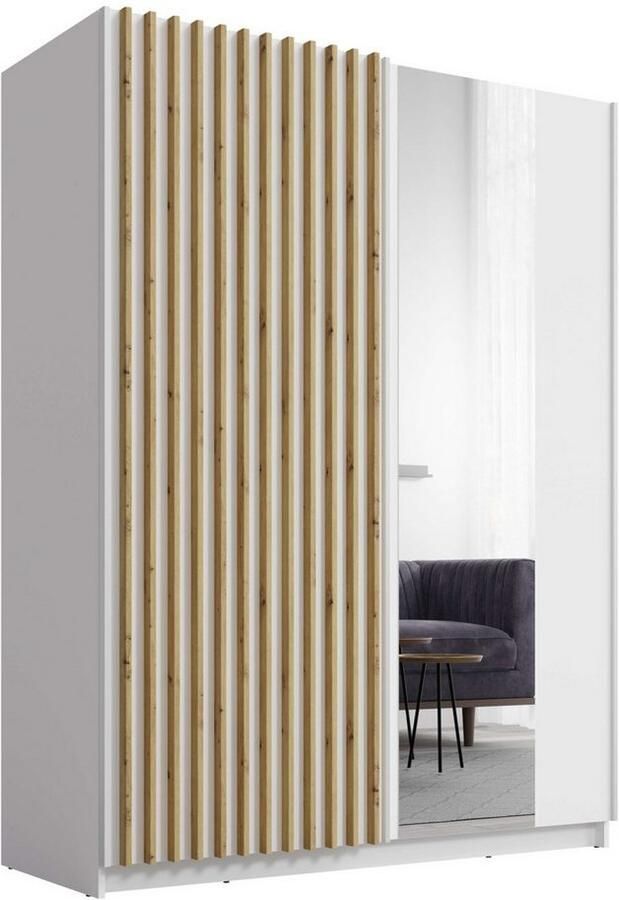 Home affaire Kledingkast Camden met spiegel 4 legplanken en kledingstang Garderobe met 2 schuifdeuren en lamellen BxHxD 150 5x198 5x61 6 cm - Foto 4