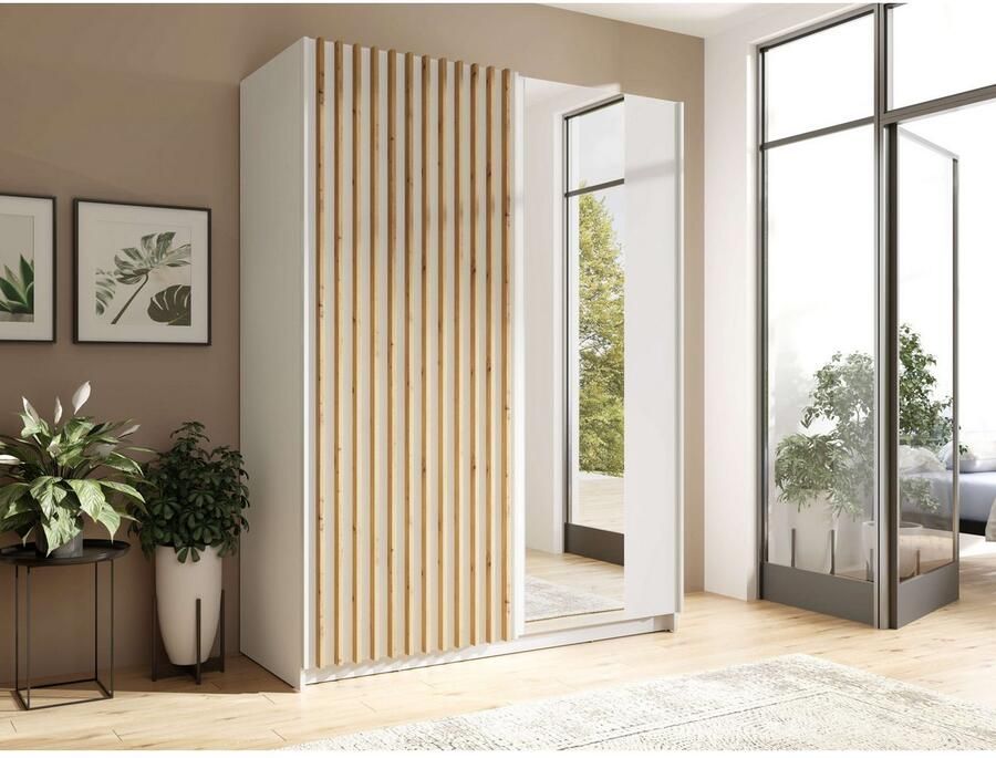 Home affaire Kledingkast Camden met spiegel 4 legplanken en kledingstang Garderobe met 2 schuifdeuren en lamellen BxHxD 150 5x198 5x61 6 cm - Foto 2