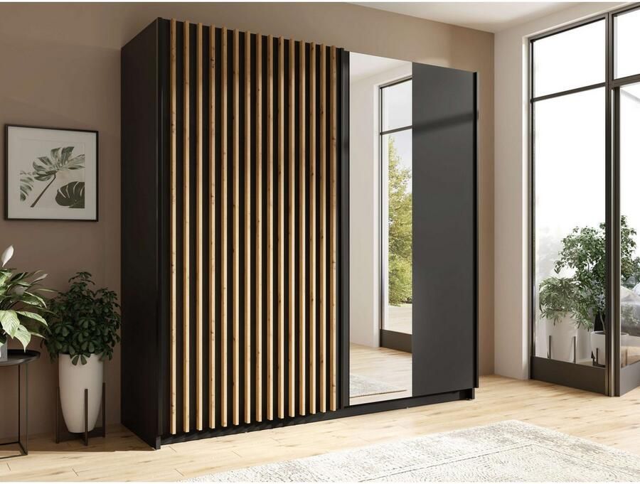 Home affaire Kledingkast Camden met spiegel 4 legplanken en kledingstang Garderobe met 2 schuifdeuren en lamellen BxHxD 200 2x198 5x61 6 cm - Foto 4