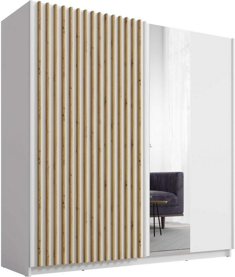 Home affaire Kledingkast Camden met spiegel 4 legplanken en kledingstang Garderobe met 2 schuifdeuren en lamellen BxHxD 200 2x198 5x61 6 cm - Foto 2