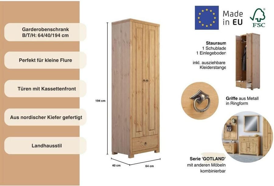 Home affaire Kledingkast Gotland draaideurkast garderobe van massief grenen fsc -gecertificeerd hoogte 193 cm - Foto 3