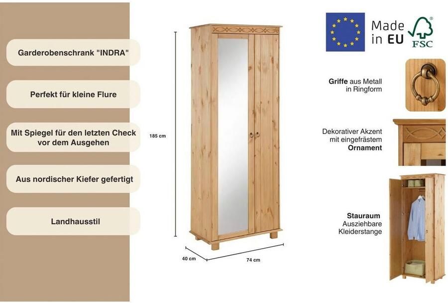 Home affaire Kledingkast Indra van massief dennenhout met spiegel discreet ornament - Foto 2