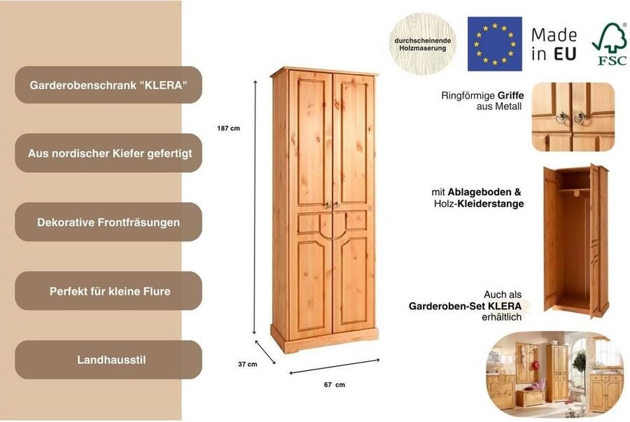 Home affaire Kledingkast Klera Gemaakt van massief FSC-gecertificeerd grenen 67 cm breed - Foto 2