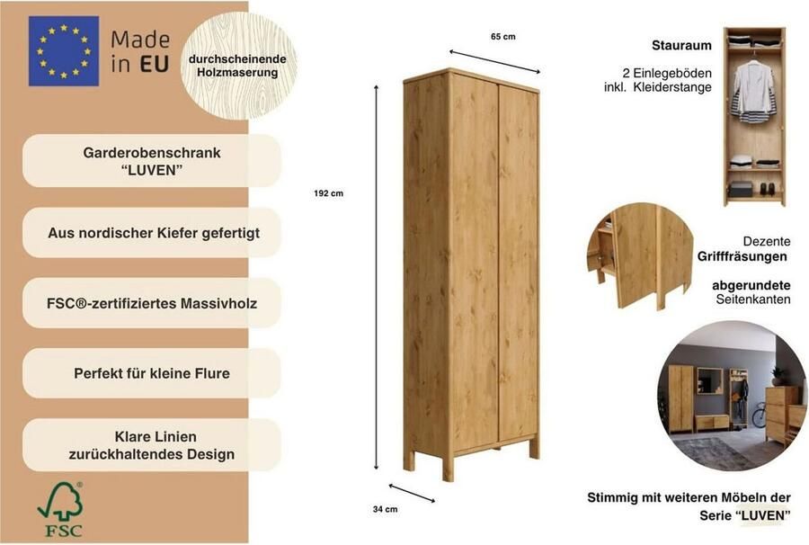 Home affaire Kledingkast Luven gecertificeerd massief hout hoogte 192 cm - Foto 3