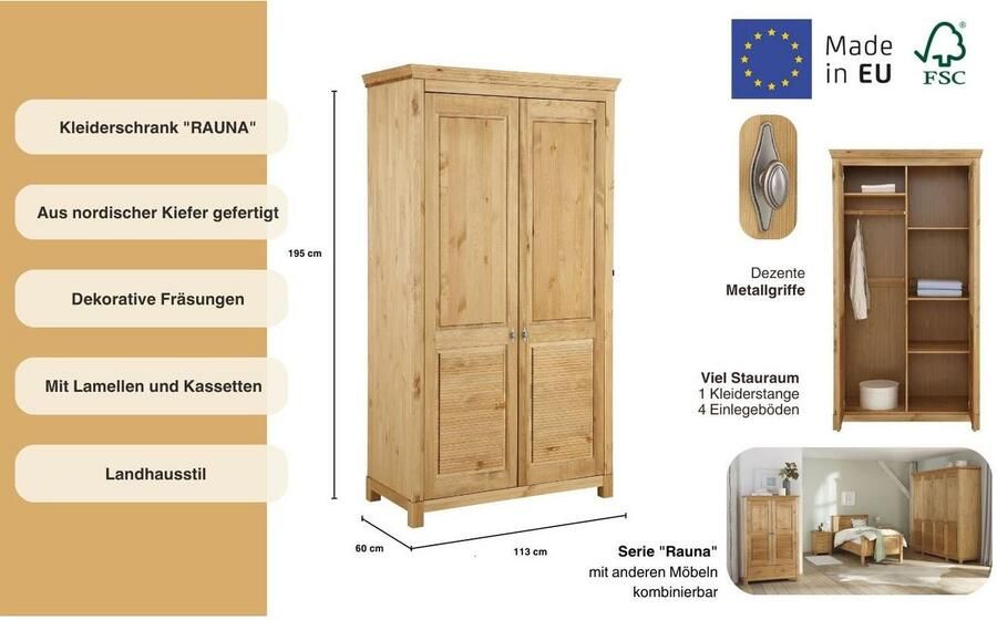 Home affaire Kledingkast Rauna met lamellen en kassetten klassiek landelijke stijl rustiek massief grenen metalen handgrepen meerdere varianten tijdloos design - Foto 8