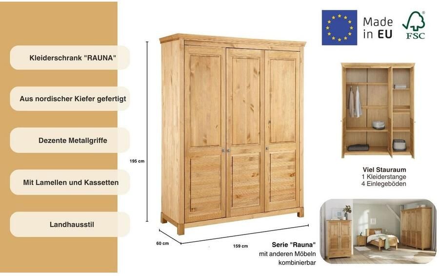 Home affaire Kledingkast Rauna met lamellen en kassetten klassiek landelijke stijl rustiek massief grenen metalen handgrepen meerdere varianten tijdloos design - Foto 5