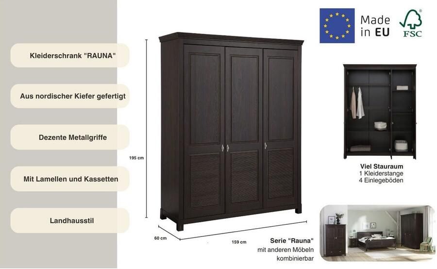 Home affaire Kledingkast Rauna met lamellen en kassetten klassiek landelijke stijl rustiek massief grenen metalen handgrepen meerdere varianten tijdloos design - Foto 8
