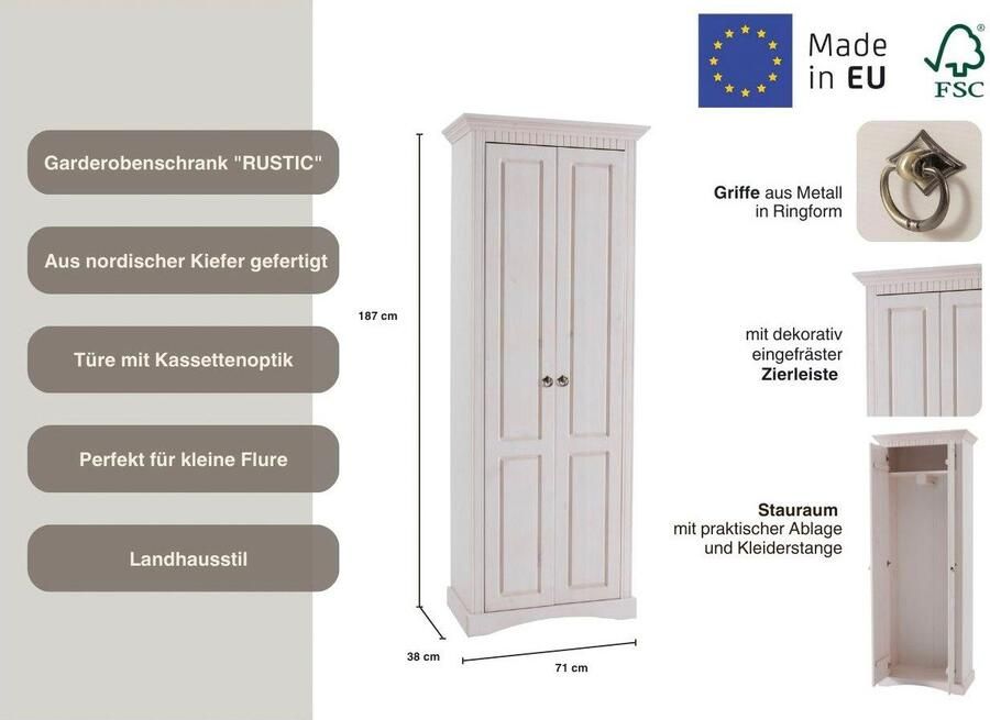 Home affaire Kledingkast Rustiek gemaakt van massief grenen breedte 71 cm met cassette-look - Foto 3
