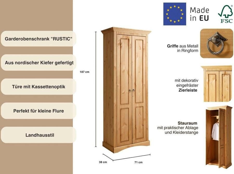 Home affaire Kledingkast Rustiek gemaakt van massief grenen breedte 71 cm met cassette-look