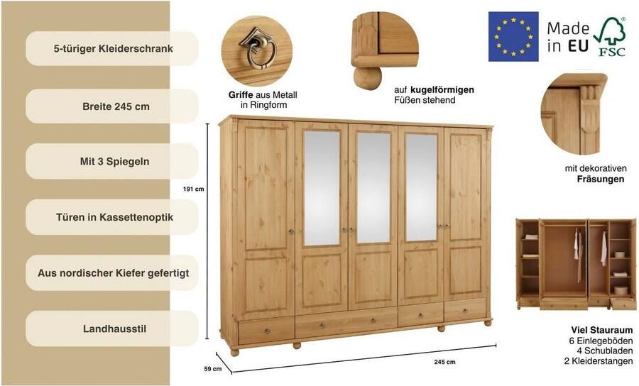 Home affaire Kledingkast TESSIN Breedte 245 cm massief grenen met spiegel - Foto 9