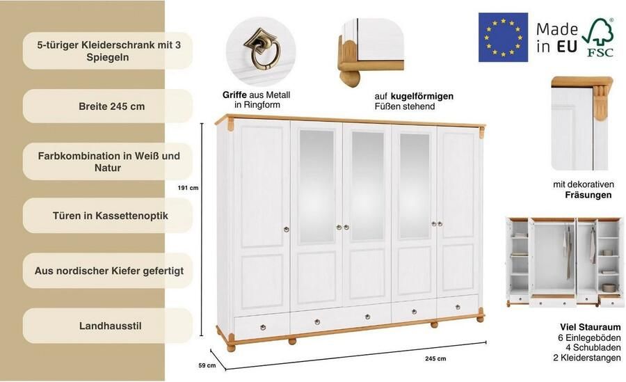 Home affaire Kledingkast TESSIN Breedte 245 cm massief grenen met spiegel - Foto 8