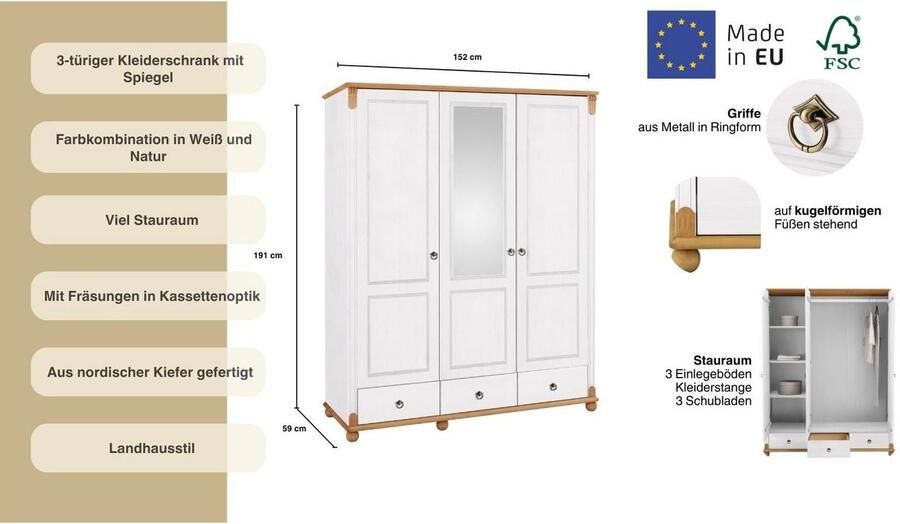 Home affaire Kledingkast Tessin Driedeuren kast 3-deurs Breedte 152 cm massief grenen met spiegel en 3 lades - Foto 8