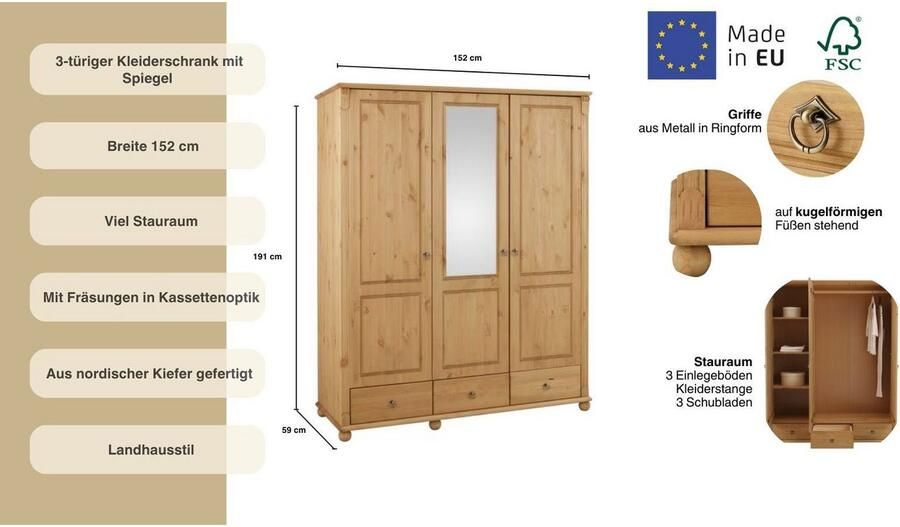 Home affaire Kledingkast Tessin Driedeuren kast 3-deurs Breedte 152 cm massief grenen met spiegel en 3 lades - Foto 8