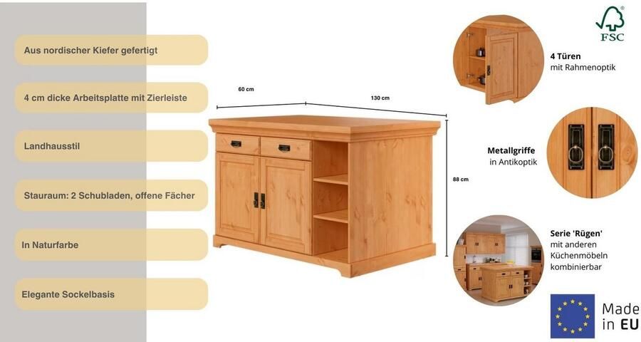 Home affaire Kookeiland Rügen Breedte 130 cm massief grenen met deuren lades open vakken - Foto 7