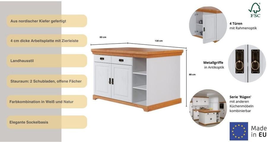 Home affaire Kookeiland Rügen Breedte 130 cm massief grenen met deuren lades open vakken - Foto 6
