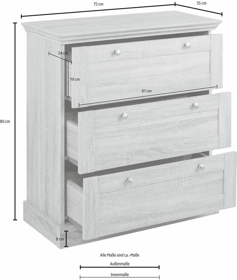 Home affaire Ladekast Binz met mooie metalen handgrepen 3 laden breedte 75 cm - Foto 6