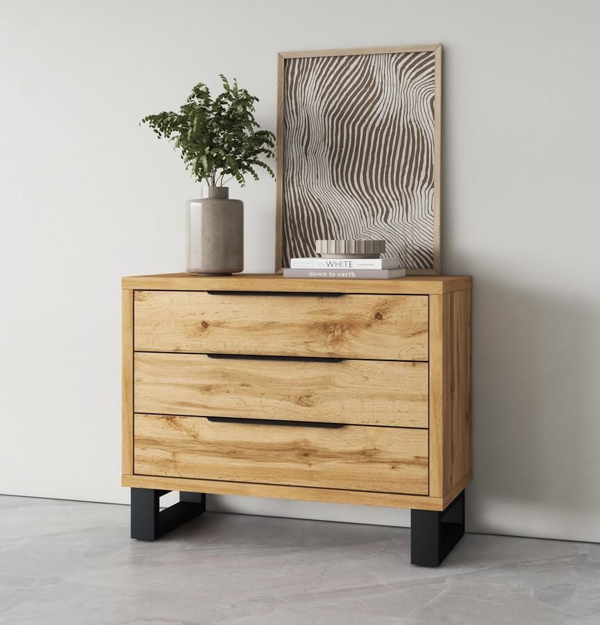 Home affaire Ladekast Bronne 99 5x83x45cm commode metalen handgrepen Potens in sledevorm sideboard met 3 lades slaapkamercommode - Foto 6