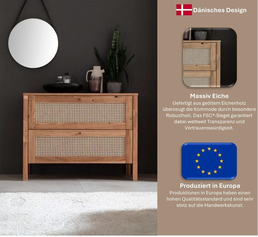 Home affaire Ladekast Hällevik kast opslag opbergruimte linnenkast Ladefronten met Weens vlechtwerk massief FSC-gecertificeerd eikenhout (1 stuk)