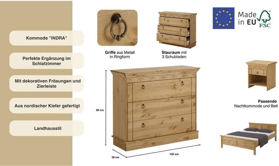 Home affaire Ladekast Indra gemaakt van massief grenen met 3 laden breedte: 100 cm - Foto 10