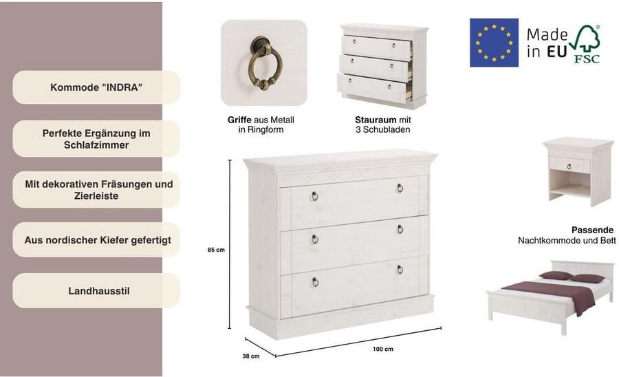 Home affaire Ladekast Indra gemaakt van massief grenen met 3 laden breedte: 100 cm - Foto 9