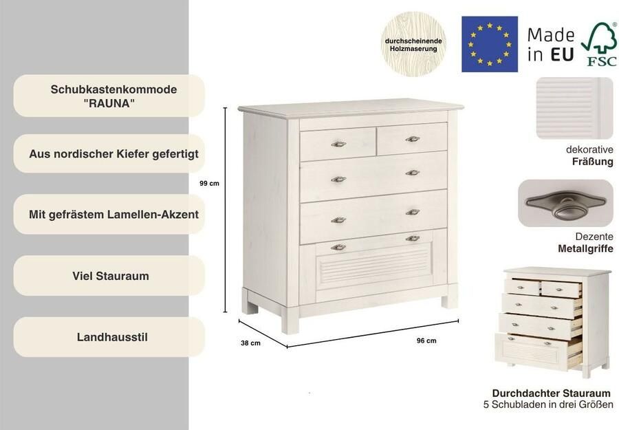 Home affaire Ladekast Rauna van massief grenen met 5 laden breedte 96 cm - Foto 4