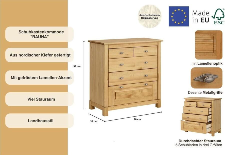 Home affaire Ladekast Rauna van massief grenen met 5 laden breedte 96 cm - Foto 5