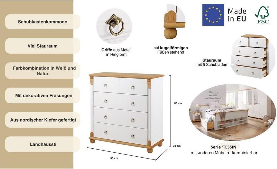Home affaire Ladekast TESSIN gemaakt van massief fsc-gecertificeerd grenen met 5 lades - Foto 7