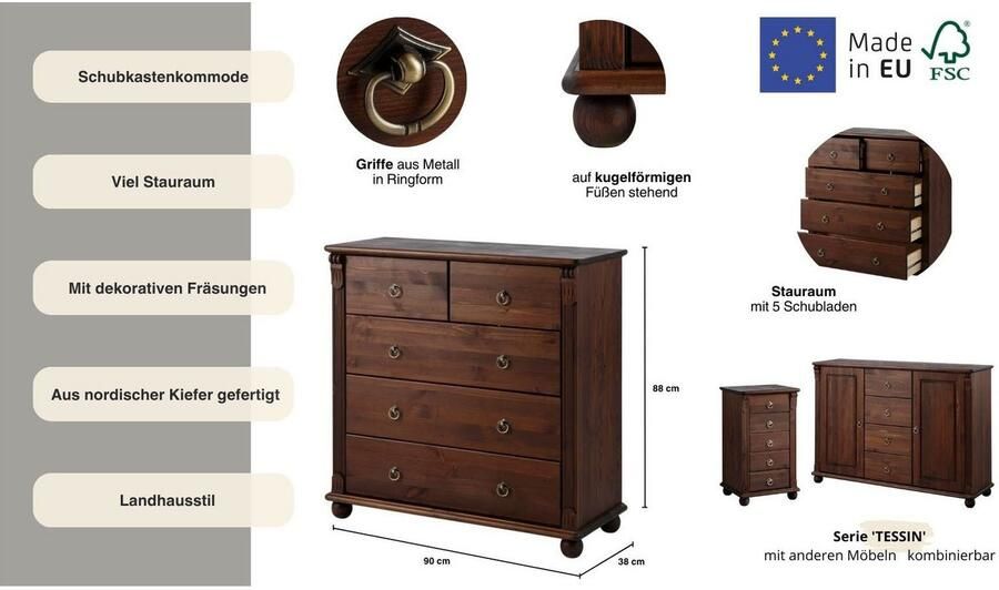 Home affaire Ladekast TESSIN gemaakt van massief fsc-gecertificeerd grenen met 5 lades - Foto 7