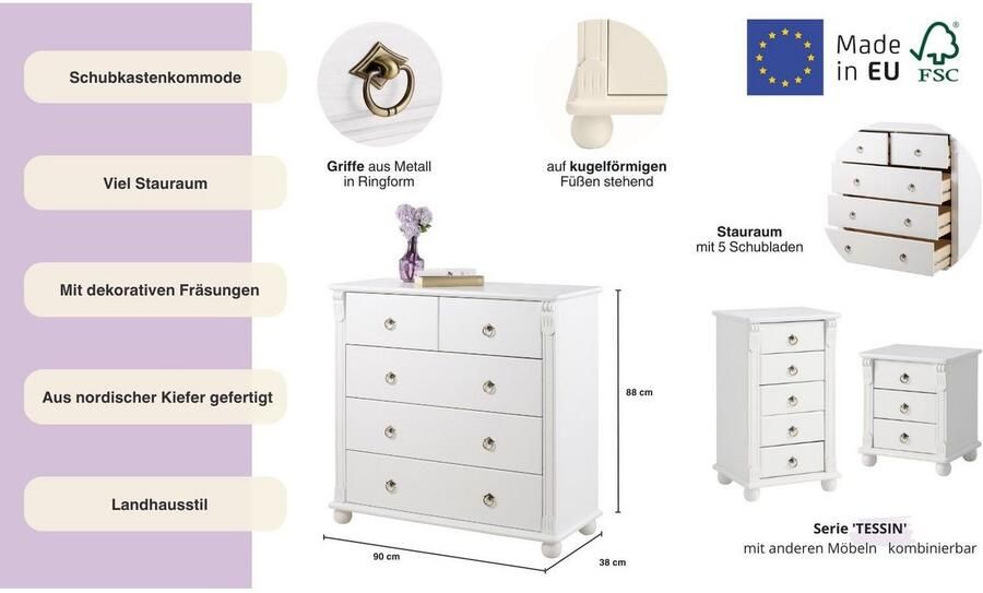 Home affaire Ladekast TESSIN gemaakt van massief fsc-gecertificeerd grenen met 5 lades - Foto 7