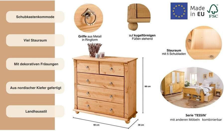 Home affaire Ladekast TESSIN gemaakt van massief fsc-gecertificeerd grenen met 5 lades - Foto 6