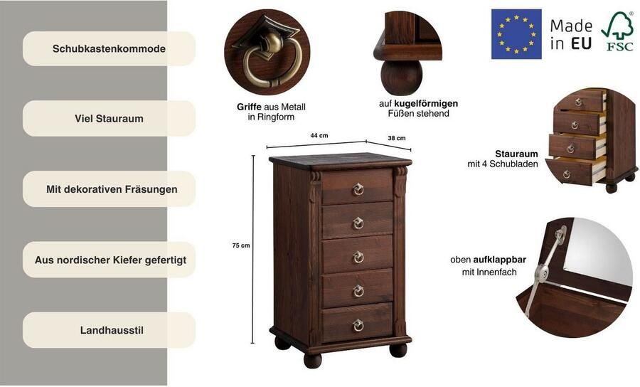 Home affaire Ladekast TESSIN Make-up commode met spiegel van massief dennenhout FSC -gecertificeerd - Foto 7