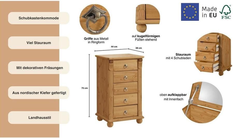 Home affaire Ladekast TESSIN Make-up commode met spiegel van massief dennenhout FSC -gecertificeerd - Foto 7