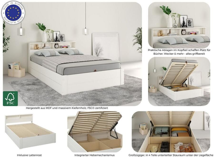 Home affaire Ledikant met bergruimte Mareilles Massief hout hefmechanisme opbergruimte in het hoofdeinde en onder het bed - Foto 6