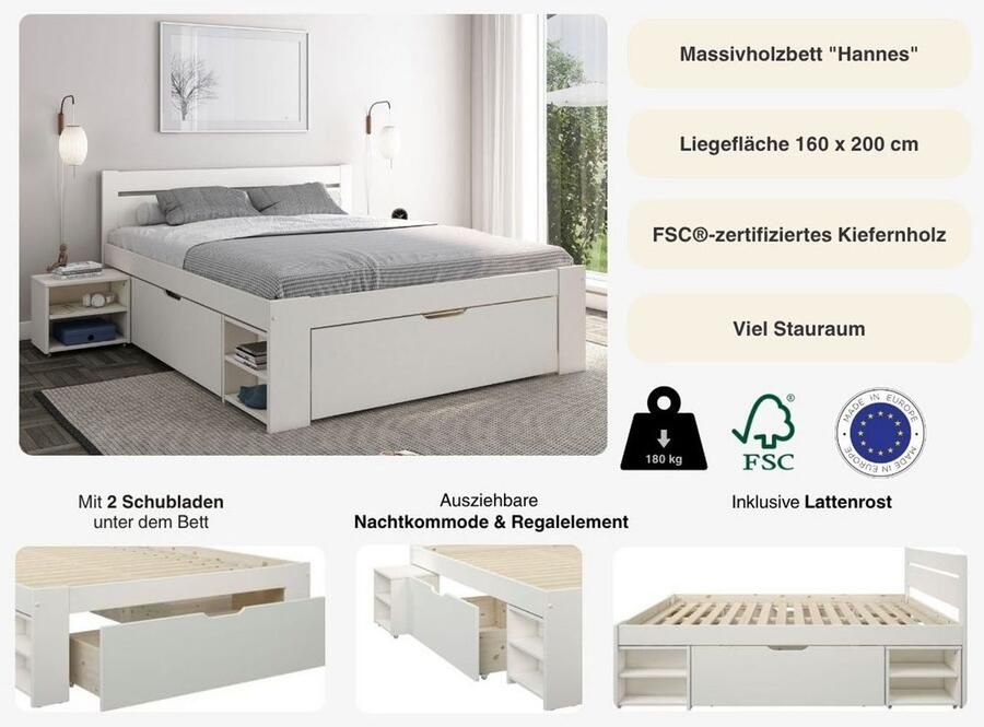Home affaire Massief houten ledikant HANNES met laden en planken nachtkastje uittrekbaar stabiel - Foto 2