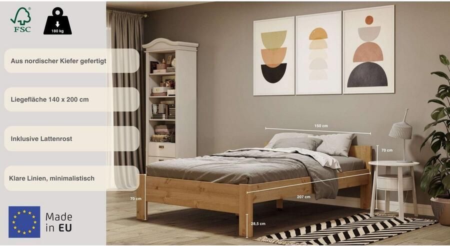 Home affaire Massief houten ledikant Hero hoge belasting FSC -gecertificeerd grenen van massief grenen inclusief lattenbodem tijdloos ontwerp - Foto 3