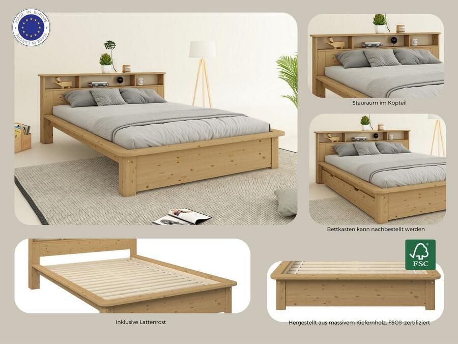 Home affaire Massief houten ledikant "KERO" BESTSELLER! Opbergruimte in het hoofdeinde gecertificeerd massief hout (grenen) optioneel met lade - Foto 2