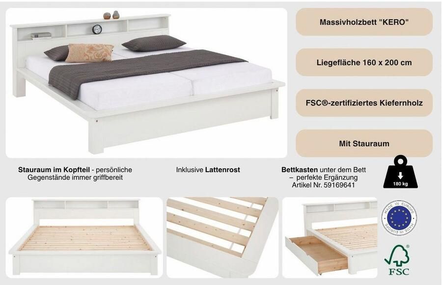 Home affaire Massief houten ledikant KERO BESTSELLER! Opbergruimte in het hoofdeinde gecertificeerd massief hout (grenen) optioneel met lade - Foto 3