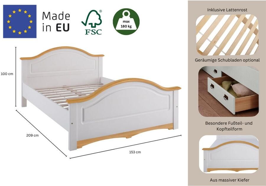 Home affaire Massief houten ledikant Konrad hoge belasting! FSC gecertificeerd massief hout van massief dennenhout fsc -gecertificeerd inclusief lattenbodem - Foto 5