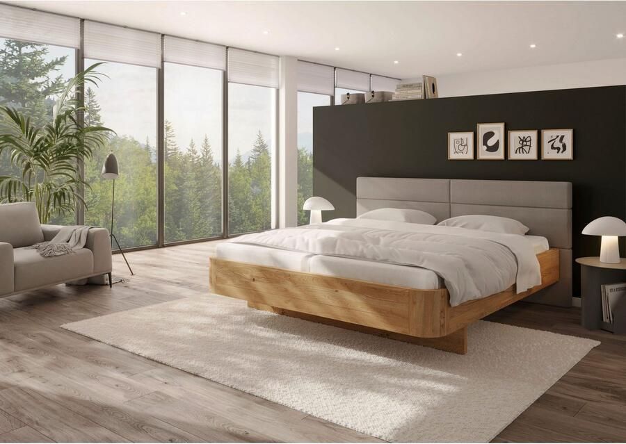 Home affaire Massief houten ledikant Latillé in zwevende look gepolsterde hoofdeinde verkrijgbaar in kernbeuken of wildeiken