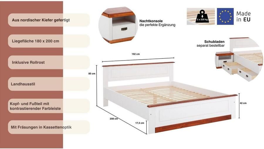 Home affaire Massief houten ledikant Madrid landelijke stijl hoge belasting! van fsc -gecertificeerd grenen inclusief lattenbodem cassette-look - Foto 3