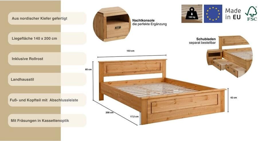 Home affaire Massief houten ledikant Madrid landelijke stijl hoge belasting! van fsc -gecertificeerd grenen inclusief lattenbodem cassette-look - Foto 4