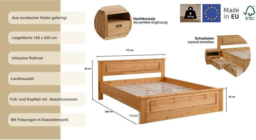 Home affaire Massief houten ledikant Madrid landelijke stijl hoge belasting! van fsc -gecertificeerd grenen inclusief lattenbodem cassette-look - Foto 3